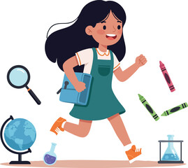 Fototapeta premium Girl Running with School Supplies Including Globe and Science Equipment Vector Illustration 