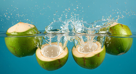 Green Coconuts Splashing in Blue Water