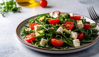 Ensalada mixta con espinaca, tomate cherry y queso feta sobre plato negro elegante