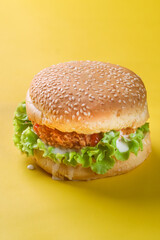 chicken crispy burger on yellow background
