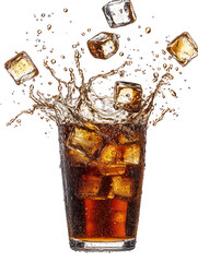 Cola Ice Explosion – Cola splash with floating ice cubes on transparent background

