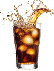 Cola Pouring – Dark cola being poured into a glass with ice cubes on transparent background

