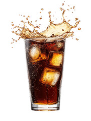 Cola Splash – Fizzy cola in a tall glass with ice cubes on transparent background

