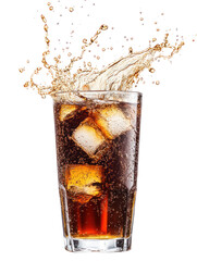 Cola Splash – Fizzy cola in a tall glass with ice cubes on transparent background

