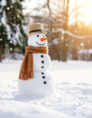 Obraz premium Muñecos de nieve hechos con bolas de nieve, bufanda naranja y gorro de lana sobre fondo invernal nevado