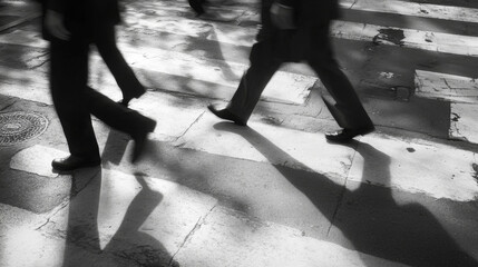 Black and white business crowd moving through light and shadow, silhouette urban life background