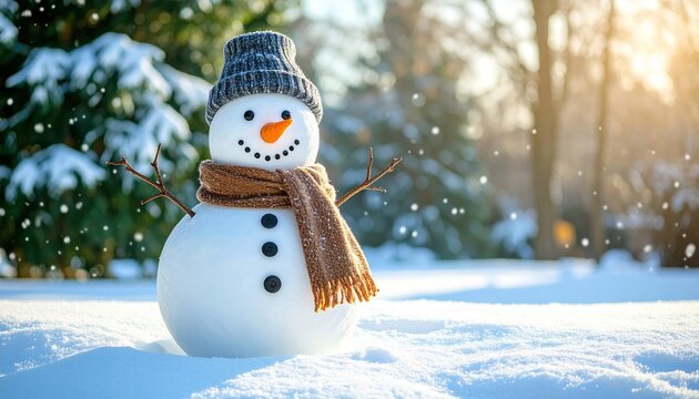 Mu&ntilde;ecos de nieve hechos con bolas de nieve, bufanda naranja y gorro de lana sobre fondo invernal nevado