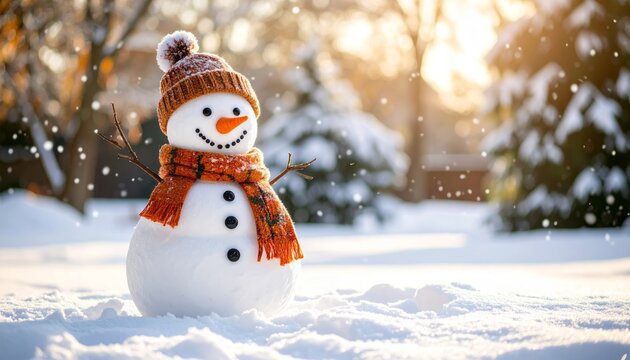 Mu&ntilde;ecos de nieve hechos con bolas de nieve, bufanda naranja y gorro de lana sobre fondo invernal nevado