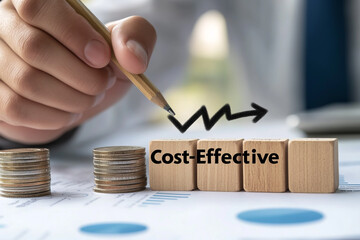 A businessman's hand is drawing an arrow pointing down on wooden blocks with the word Cost-Effective written in black, stacks of coins behind him. The background features blurry business documents