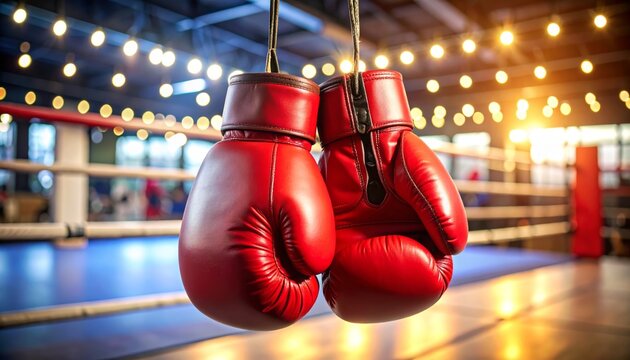 Equipo de boxeo con guantes rojos colgados en gimnasio con luces c&aacute;lidas y ambiente deportivo
