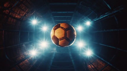 Illuminated soccer ball floating in the void with spotlight effects and dark ceiling