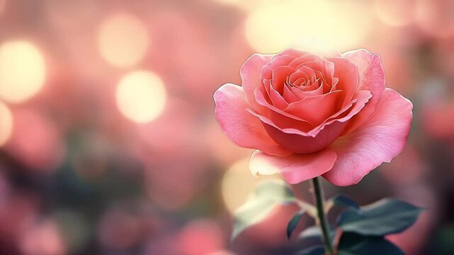 Elegant Pink Rose Bloom In A Lush Garden With Soft Bokeh Background And Warm Light