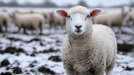 A curious white sheep stands out from its flock on a snow covered pasture in winter.