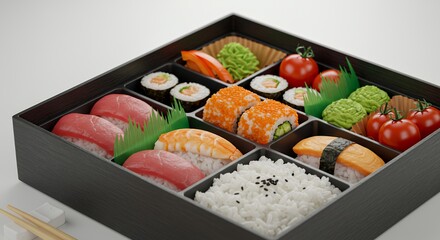 Delightful Sushi Bento Box: A Vibrant Feast of Fresh Fish, Rice, and Colorful Vegetables, Perfectly Arranged for a Delicious and Appealing Meal.