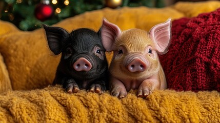 A pair of adorable piglets, one black and one beige, nestled on a cozy, textured blanket.