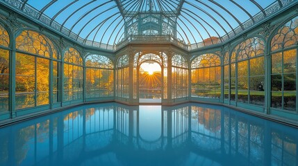 A stunning sunlit glass cupola reflects a bright outdoor garden landscape with vivid colors