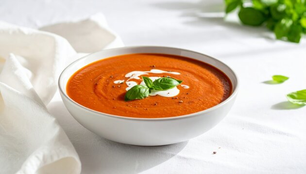 Sopa de tomate cremosa servida con albahaca fresca y crema, presentada en distintos platos y estilos r&uacute;sticos