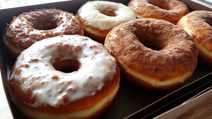 An appetizing assortment of glazed, sprinkled, and frosted donuts displayed in a box