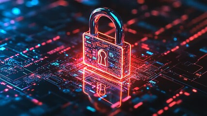 Futuristic digital lock symbolizing cybersecurity amidst a vibrant tech landscape with glowing circuits - Powered by Adobe