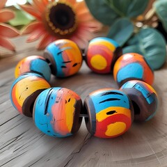 Colorful rainbow beads on a light wooden table with flowers in the background. 