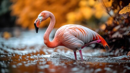 Graceful flamingo wading in shallow water with blurred autumn foliage creating a warm atmosphere.