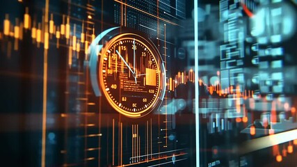 Digital clock displaying time amidst abstract financial data visualization and glowing graphs - Powered by Adobe
