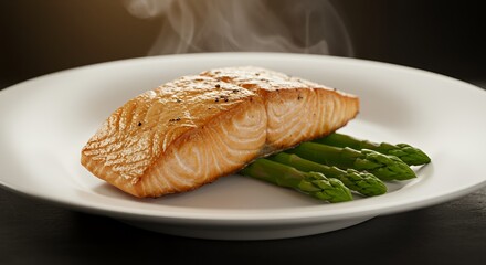 Indulge in the exquisite flavors of perfectly pan-seared salmon, its golden-brown skin glistening under soft steam