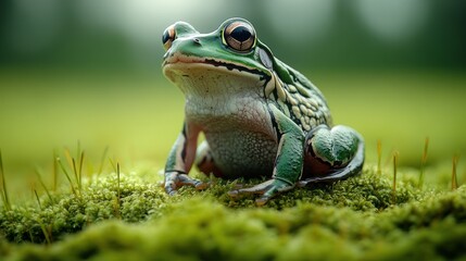 A green bullfrog rests peacefully on a vibrant bed of moss, enhanced by a gigapixel scale.