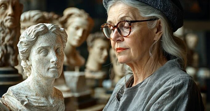 Elderly woman artist in beret and glasses, surrounded by classical sculptures.