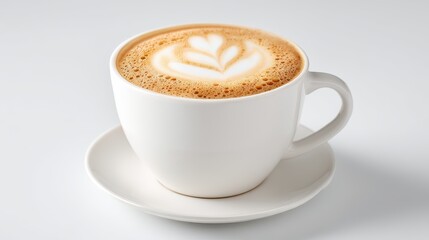 Fototapeta premium Stylish coffee shot featuring white mug with latte art on a stark white background, bright color balance