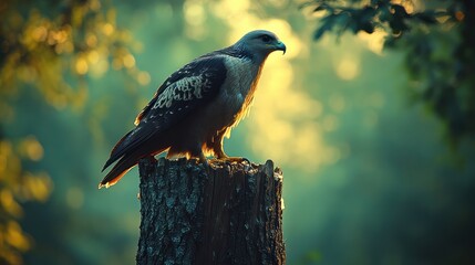 Majestic bird of prey perched on a weathered tree stump in soft, golden afternoon light.