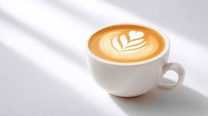 Warm latte in a white mug, elegant milk foam design, centered on a pure white background, with rich colors