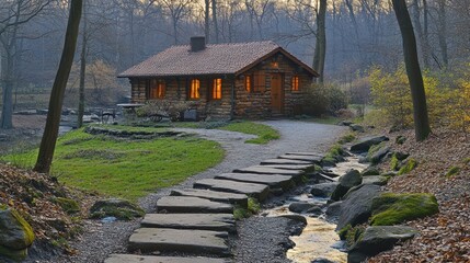 Rustic stone cottage with glowing windows sits beside a stream in a serene forest setting.