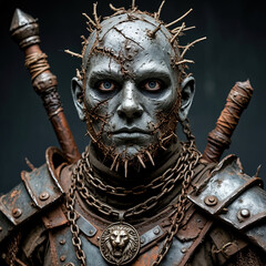 The hero of the gameshooter. An undead warrior in combat gear and with a weapon. Portrait of a monster.