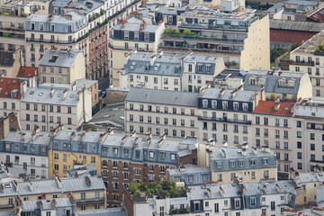 Aerial view of rooftops in Paris showing beautiful classic architecture with multiple layers of buildings plus green parks, trees and plants. Most buildings are black and white 