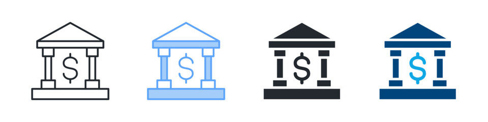 Bank Icon Set Multiple Style. Designed In Outline, Blue, Glyph, Dual Tone