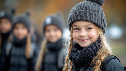 Young girl smiles warmly wearing a knitted hat and scarf with blonde braids, portrait style