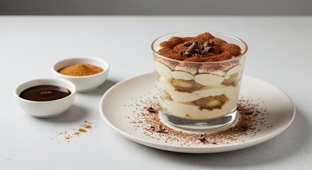 Indulge in the Decadence: Creamy layers of classic tiramisu, artfully presented in a glass, adorned with cocoa powder and chocolate shavings, alongside its essential ingredients.