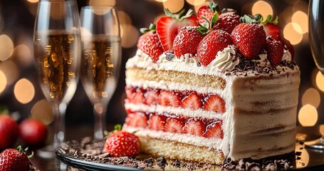 Delicious strawberry cake slice with champagne glasses in background. - Powered by Adobe