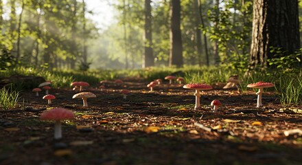 Obraz premium Enchanted Forest Path: Soft morning light illuminates vibrant red mushrooms scattered along a tranquil wooded trail.. AI Generated