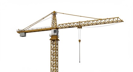 Yellow construction crane stands tall against bright white background. AI Generated