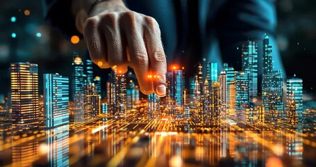 Fingertip interacts with a digital city model, showcasing futuristic urban planning and technological advancement. - Powered by Adobe