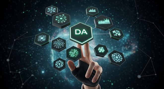 Digital data analysis concept showcasing modern technology, hand touching hologram - Powered by Adobe