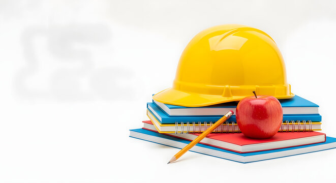 Construction education and safety training concept with hard hat books and apple for learning skills