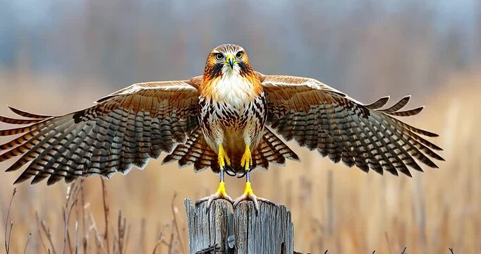 Red-tailed hawk landing on a wooden post in a field.