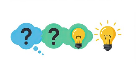 Illustration of question marks and a light bulb symbolizing ideas and innovation