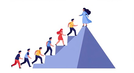 Illustration of people climbing stairs towards a female leader on a mountain