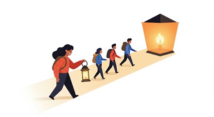 Illustration of people walking towards a glowing lantern in the dark