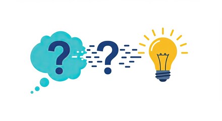 Illustration of the process from question mark to the light bulb idea generation