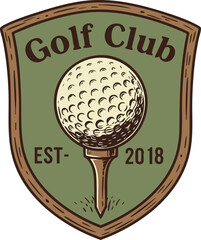 Golf club emblem with golf ball on tee vintage badge design vector illustration 